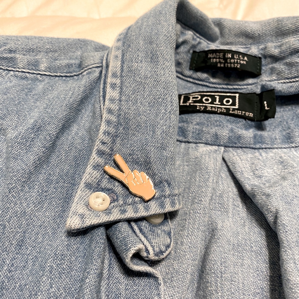 Polo by Ralph Lauren Light Blue Denim Button-Down Shirt with Peace Hand Pin